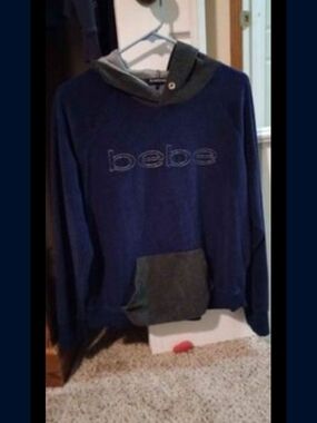 bebe Navy Pullover Hoodie with Gray Hood & Pocket
